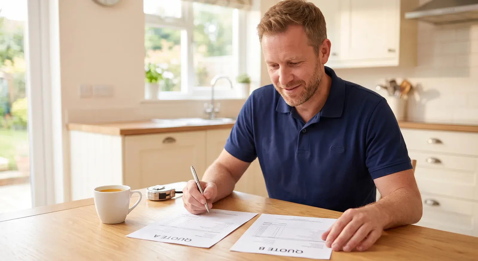 A tradesman at a kitchen table comparing two printed quotes side by side, pen in hand and a mug of tea beside him