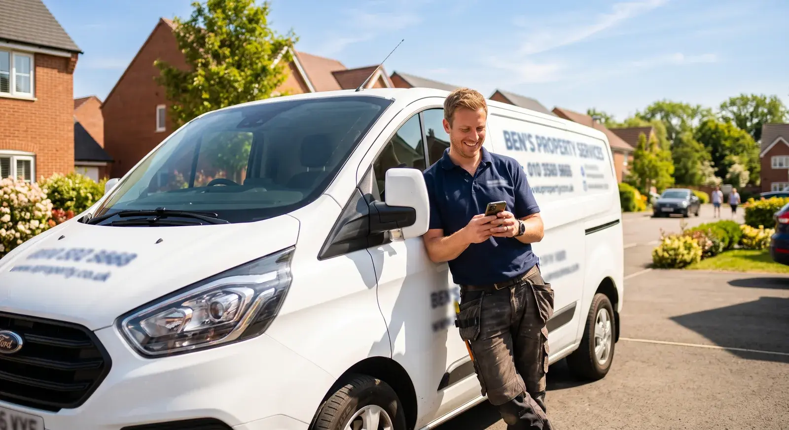 A tradesman leaning against his signwritten van in bright sunshine, reading a message on his phone