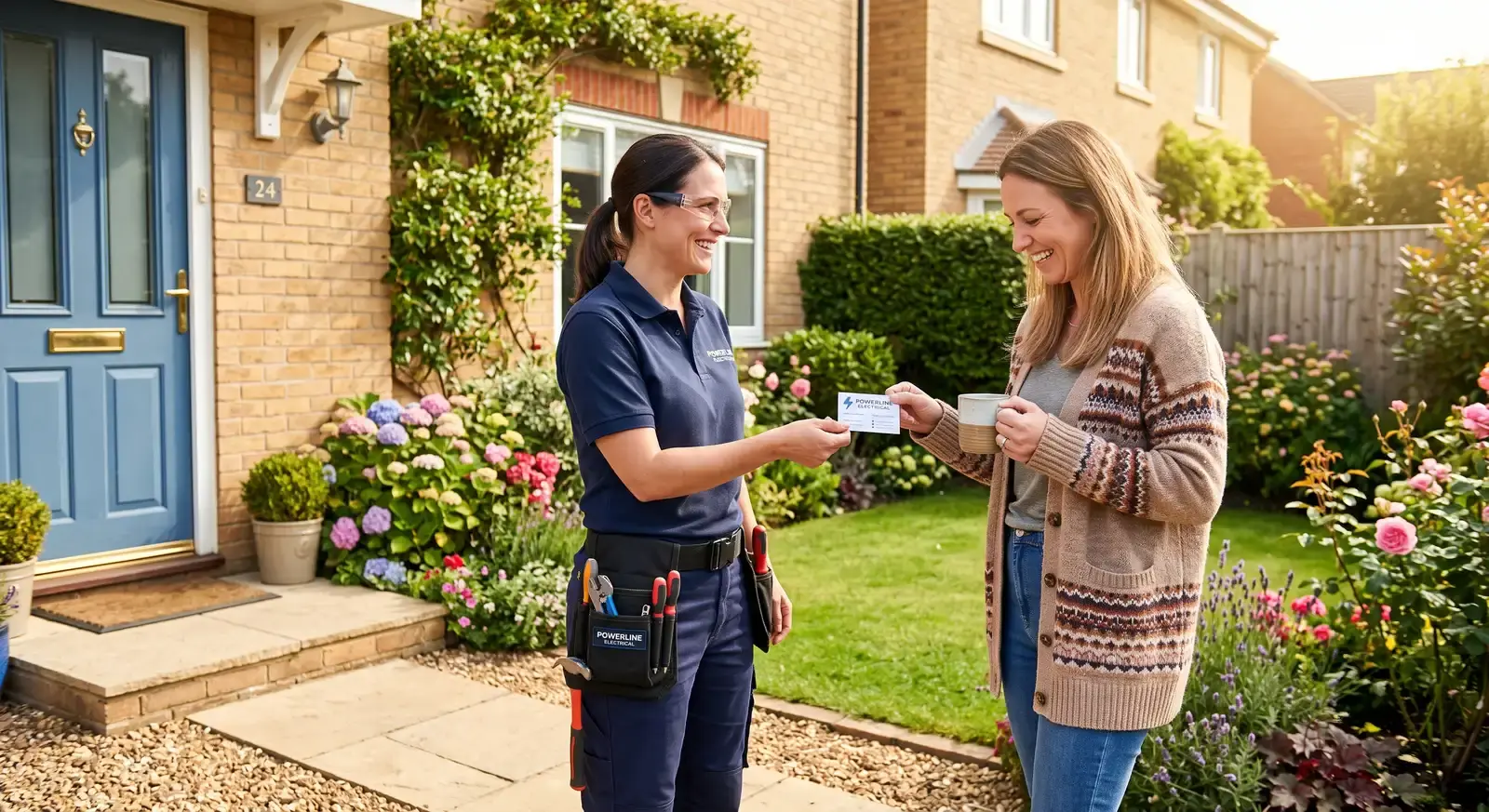 An electrician handing her business card to a smiling customer on the doorstep of a house