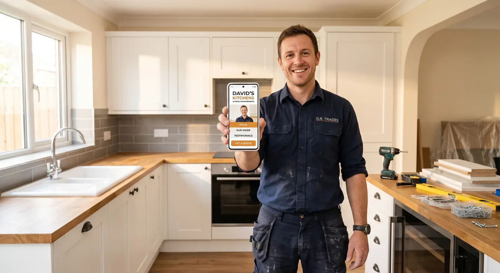 A kitchen fitter standing in a kitchen he has just finished, holding up a phone showing his own website