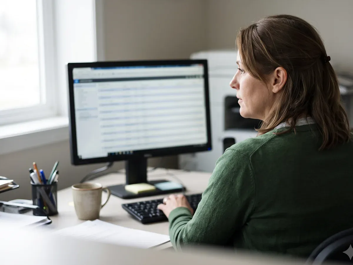 A receptionist working through new enquiries in the back office.