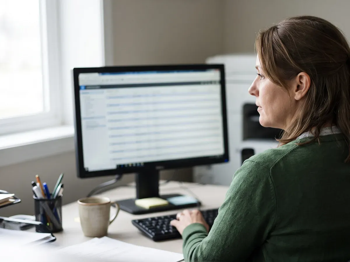 A receptionist working through new enquiries in the back office.