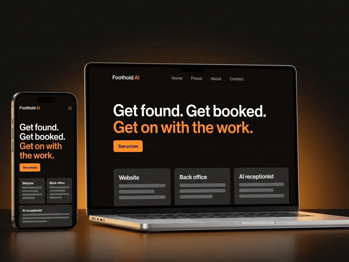 A phone and a laptop side by side, both showing the same Foothold AI site.