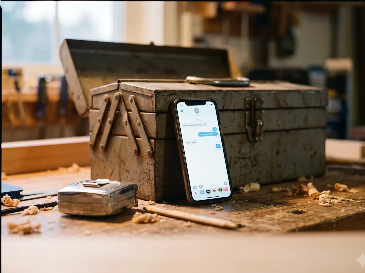 A phone lit up on a workbench showing a message conversation.