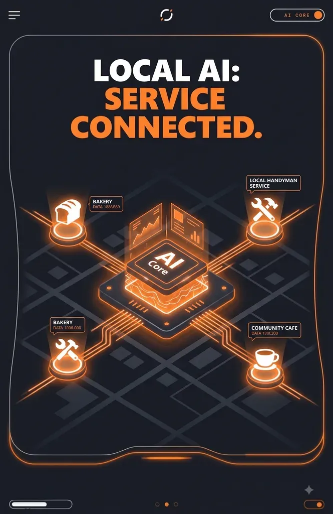 A diagram of one AI core linked out to a bakery, a handyman service and a community cafe.