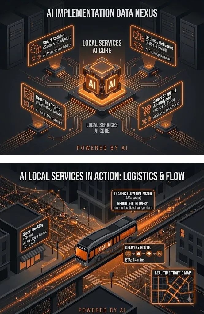 A diagram of an AI core joined to booking, deliveries, shopping and traffic for local businesses.