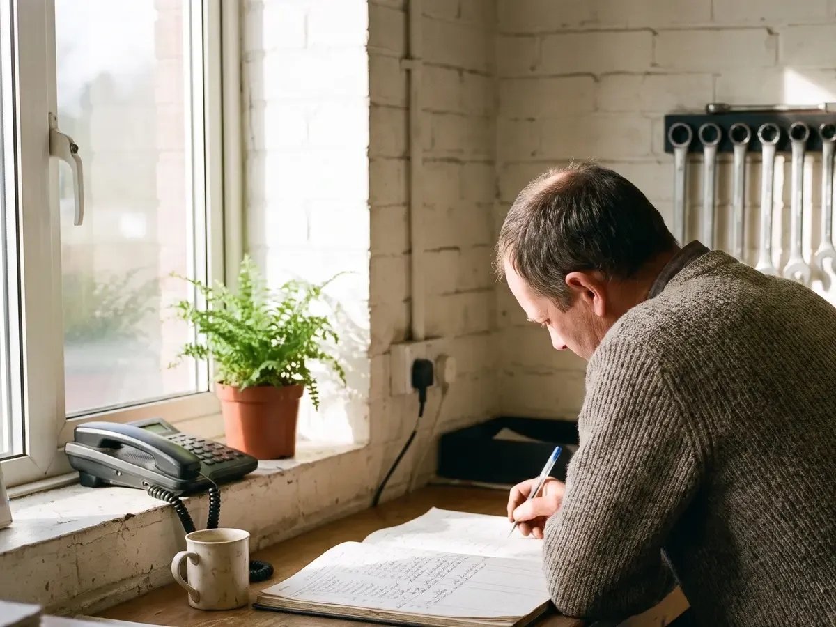 A man writing in a large handwritten job book at a workshop bench, beside a sunlit window, with the phone on the sill and a rack of spanners on the wall behind him.