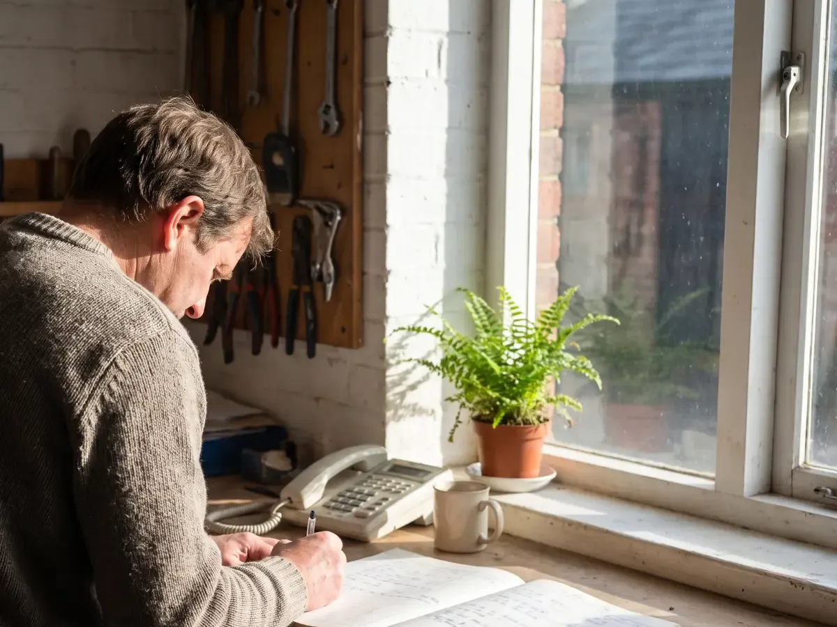 A tradesman at his bench writing in a notebook by a sunlit window, with a telephone beside him.