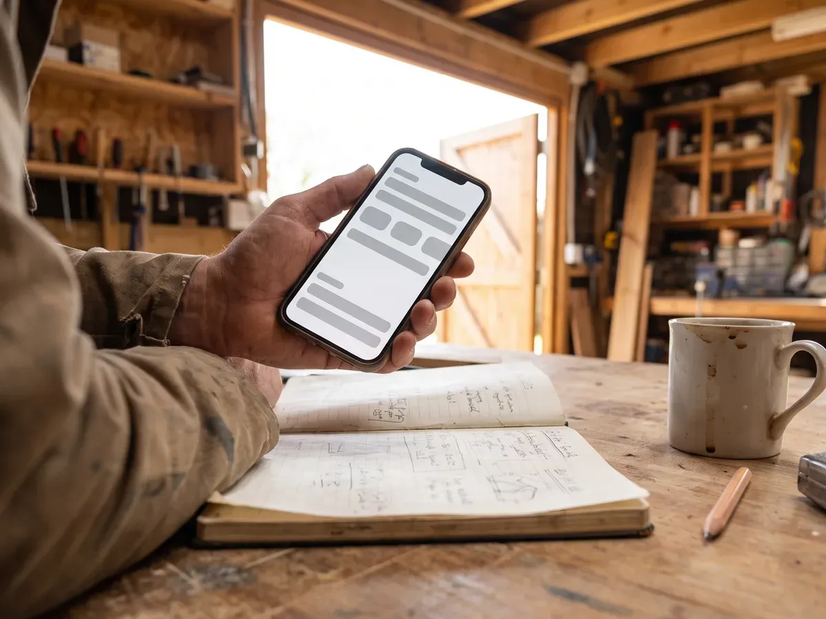 A hand holding a phone showing a short tidy list, above an open handwritten notebook on a workbench.