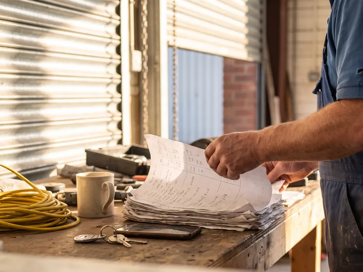 A man in navy overalls at a workshop bench, turning one sheet off a thick stack of handwritten job sheets.