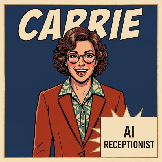 Carrie, a pop art poster of a smiling woman in glasses and a red jacket, with her name above her and a sign beside her reading AI receptionist.