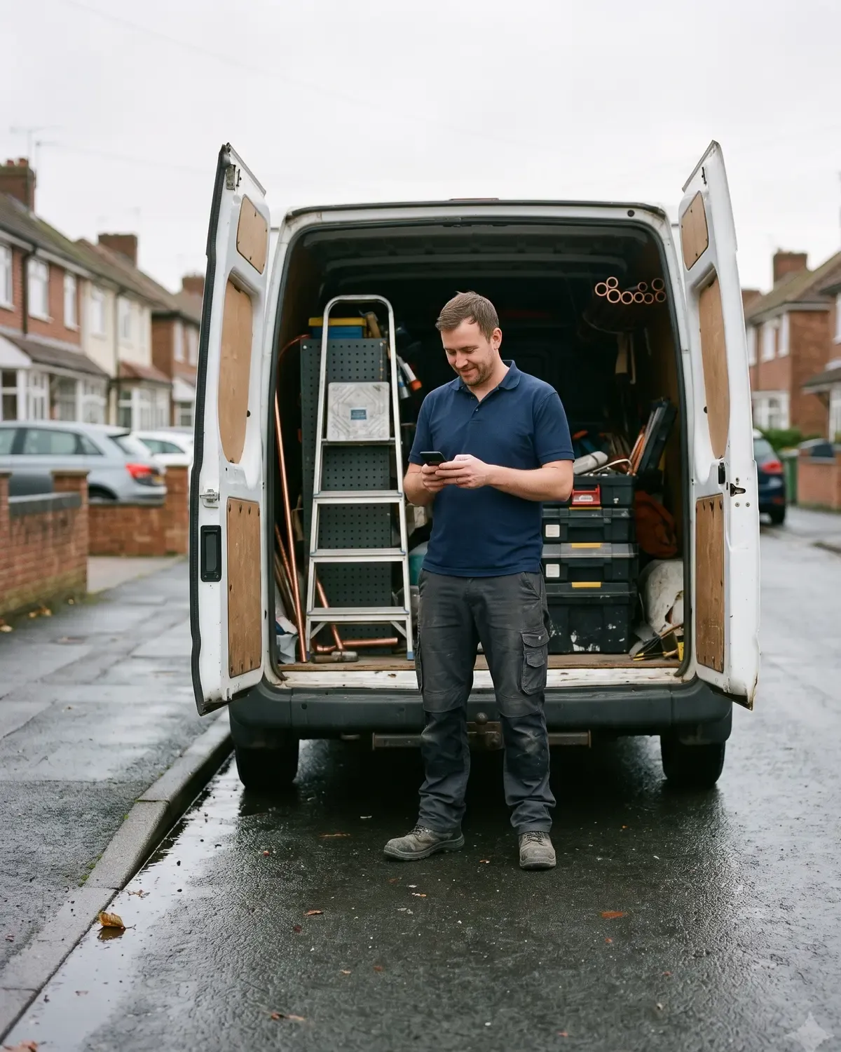 A tradesman checking his phone at the back of his van on a residential street.