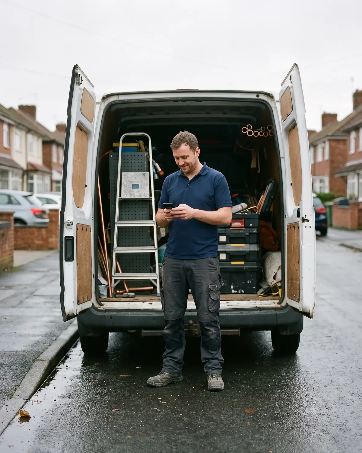 A tradesman checking his phone at the back of his van on a residential street.