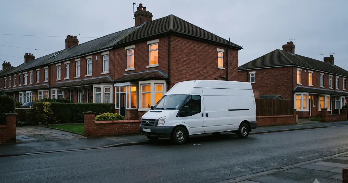 A tradesman's van parked outside a terraced house at dusk, warm light in the windows.