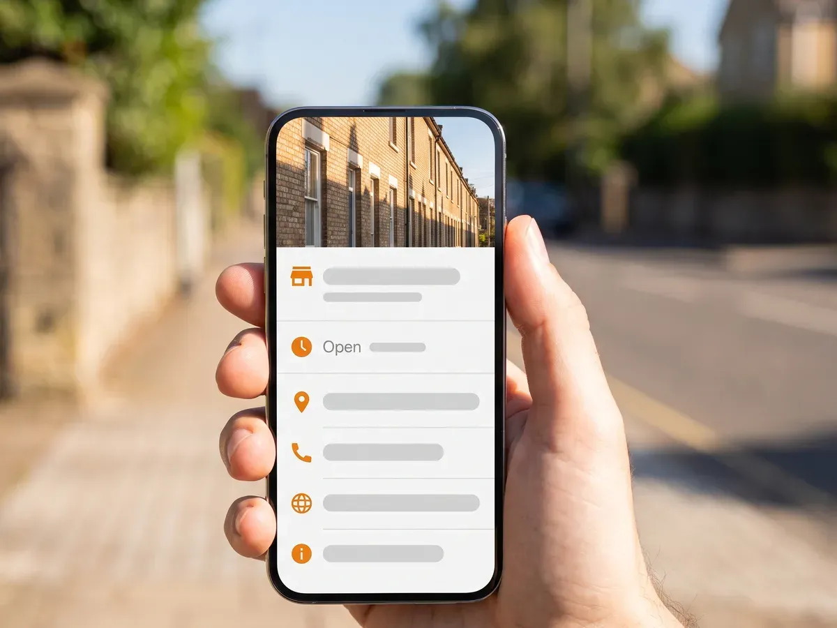 A hand holding a phone on a sunny street, showing a local business listing with its opening hours, address, phone number and website.