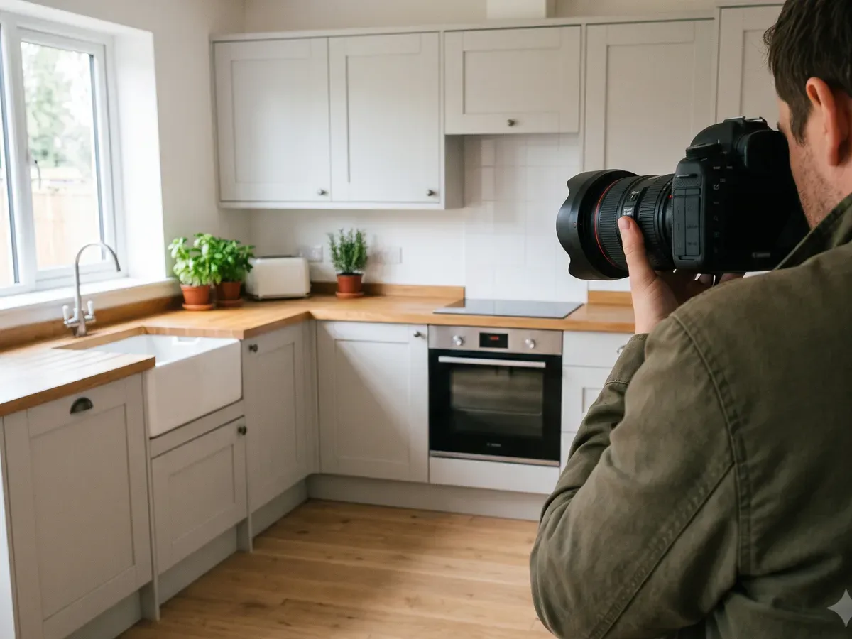 A photographer shooting a newly fitted kitchen.