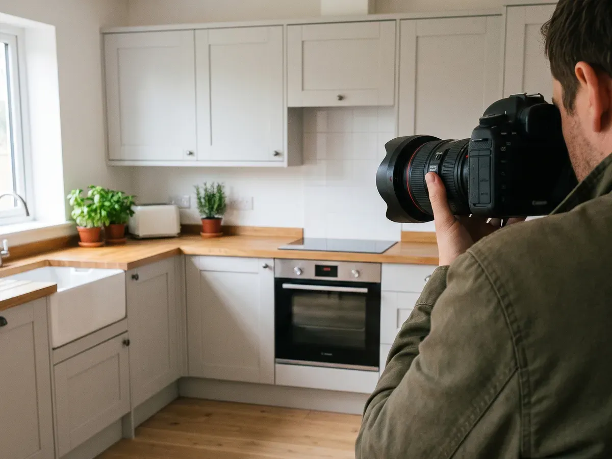 A photographer with a camera to his eye, taking a picture of a newly fitted kitchen.