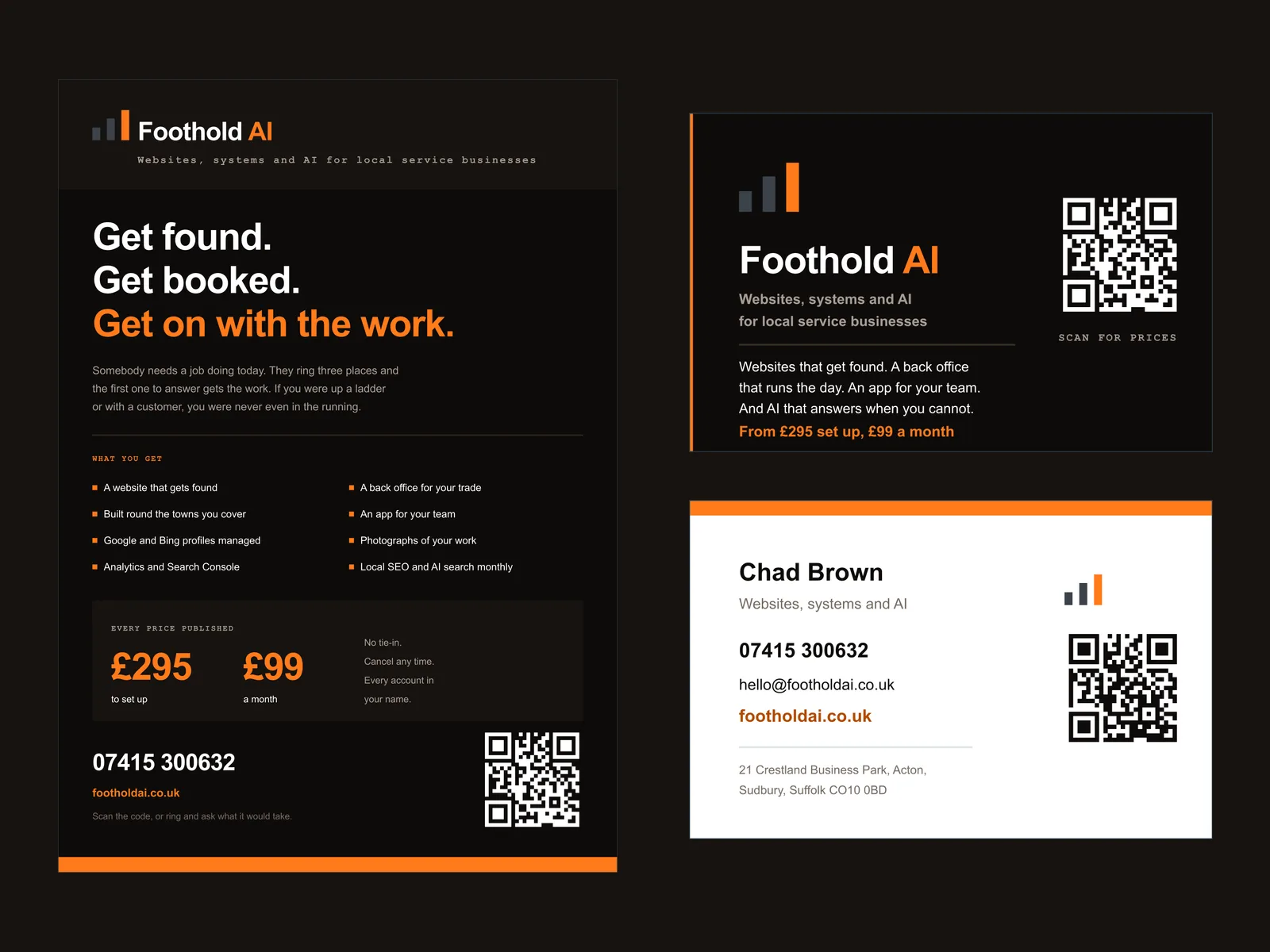 A business card, a flyer and a logo laid out together on a desk.