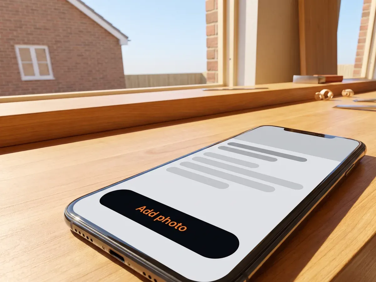 A phone on a timber sill in a bright building site, showing the day's work and a button to add photographs.