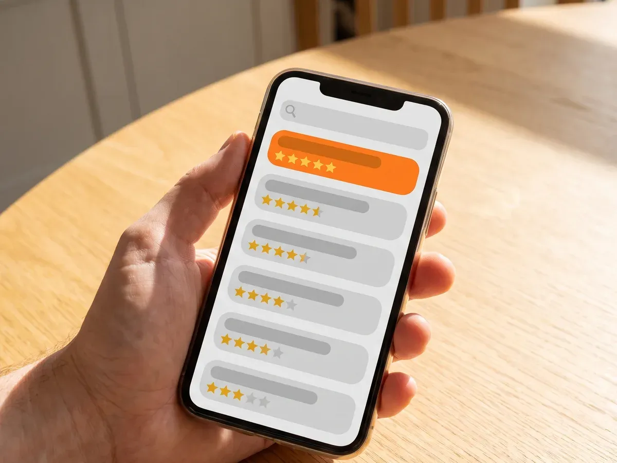 A phone showing local search results for a builder, with the top result highlighted.
