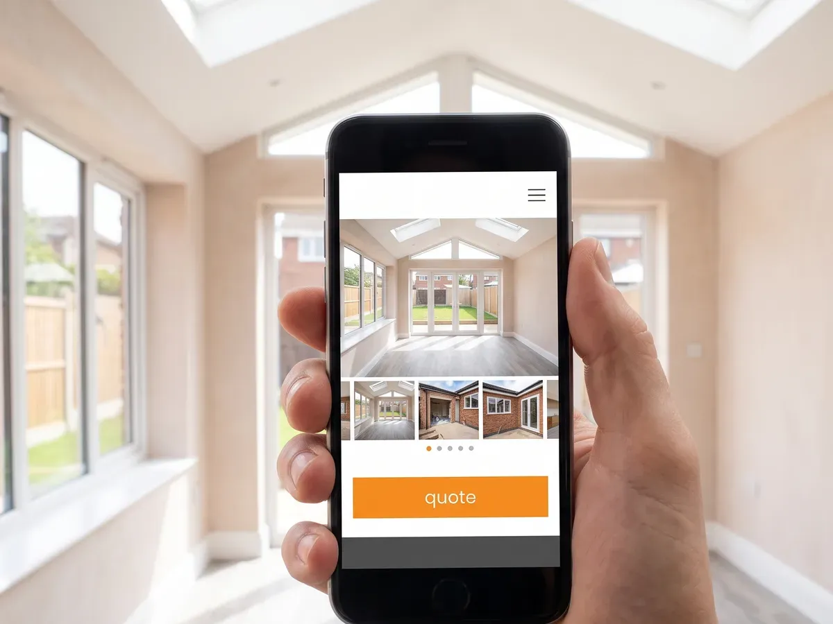 A builder's website open on a phone in a finished extension, showing photographs of recent work above a quote button.