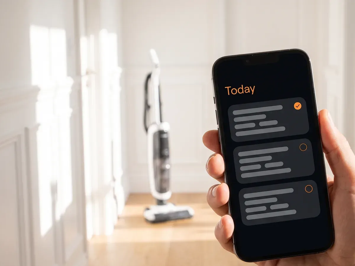 A cleaner's phone showing the day's jobs as a list of cards.