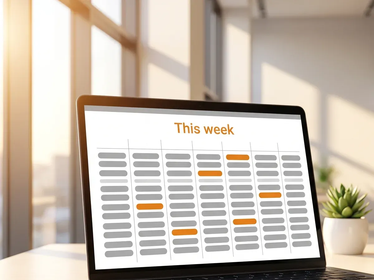A cleaning company's weekly round on a laptop, laid out as a grid of days.