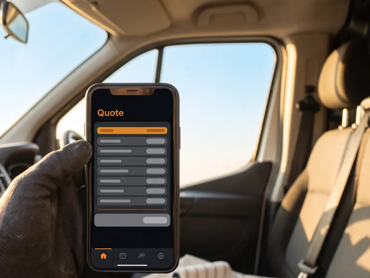A decorator's phone in the van, showing a quote being built from saved job types.