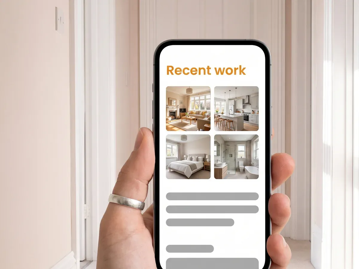 A decorator's website open on a phone in a freshly decorated hallway, showing photographs of finished rooms.