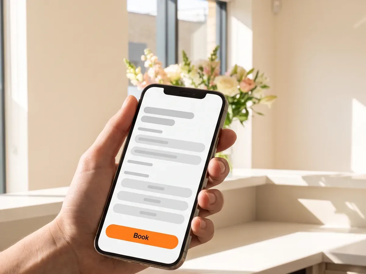 A patient booking a dental appointment on a phone, choosing from available times.