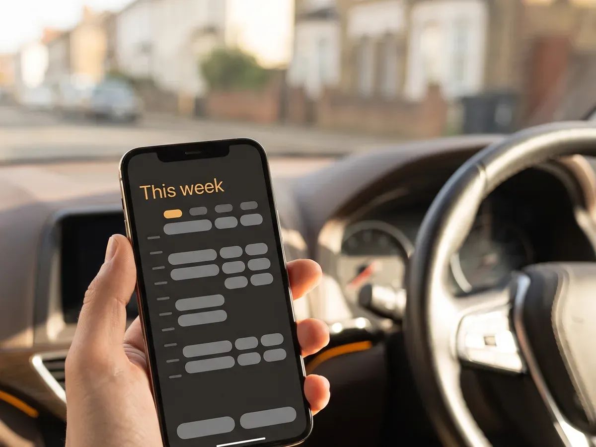 A driving instructor's phone showing lesson slots in the car.
