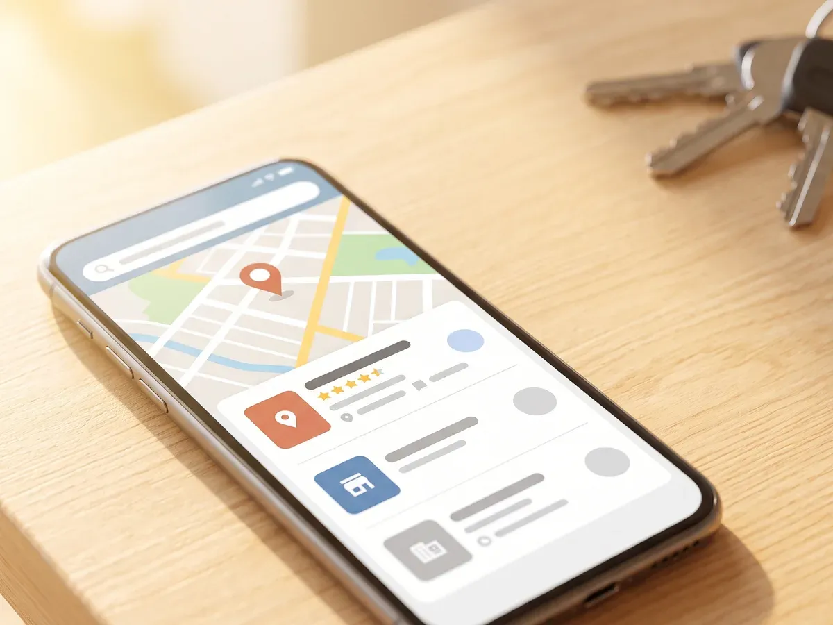 A phone showing a map result for an electrician, with the business listing at the top.
