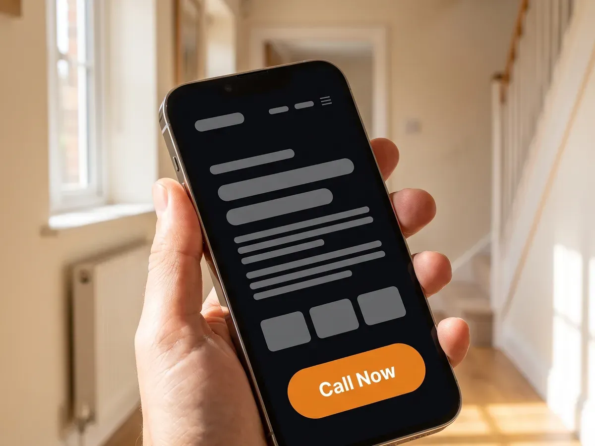 An electrician's website open on a phone in a sunlit hallway, with the call button at the bottom.