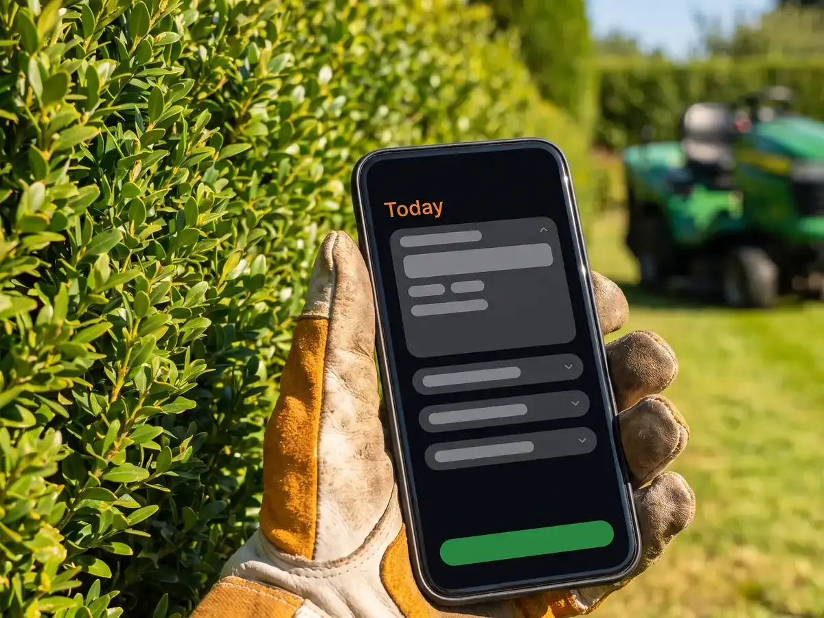 A gardener in a work glove holding a phone beside a trimmed hedge, showing today's round of gardens in order.