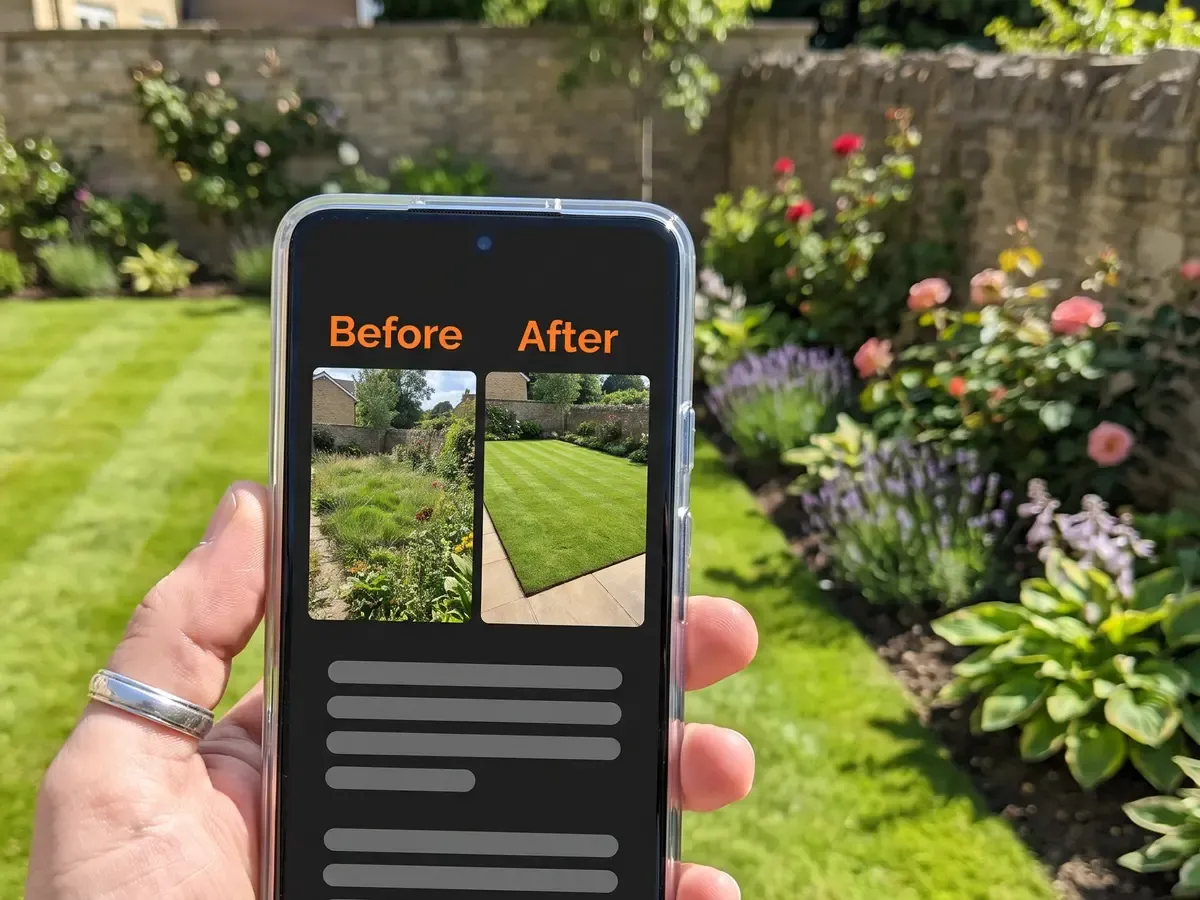 A landscaper's website open on a phone in a sunny garden, showing before and after photographs of a finished lawn.