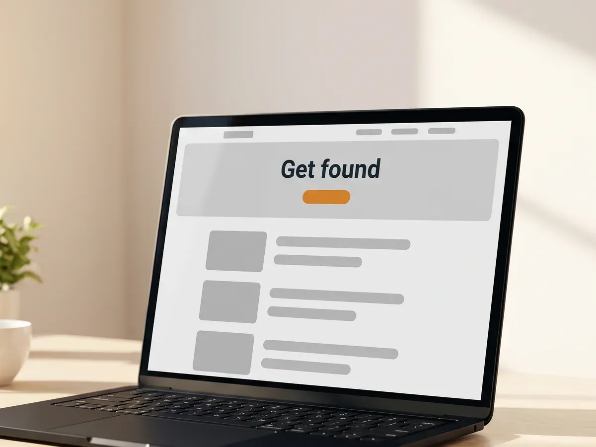 A laptop on a bright desk showing a web page headed Get found.