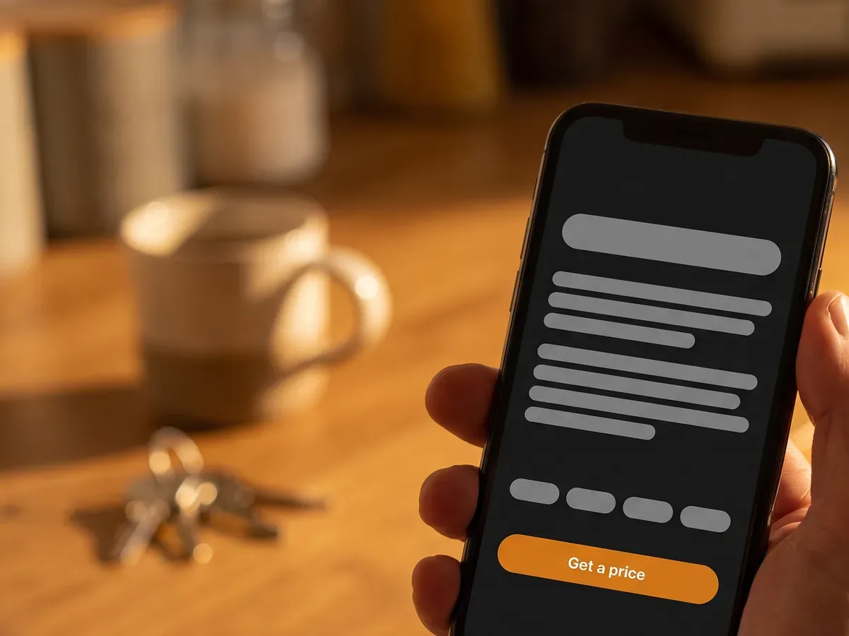 A phone held in one hand in warm evening light on a kitchen table, showing a new enquiry, with a mug and a set of keys behind it.
