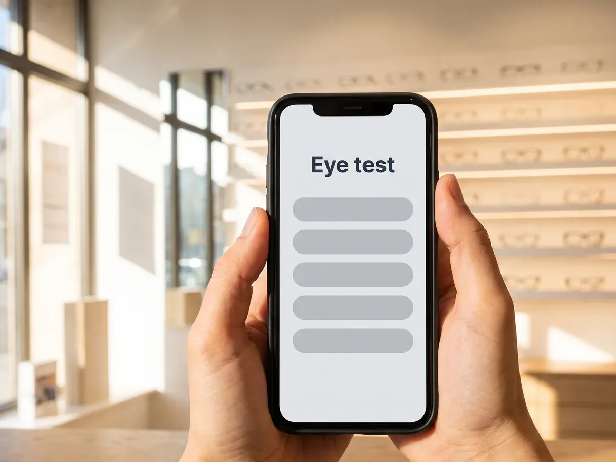 Somebody booking an eye test on a phone in a bright opticians.
