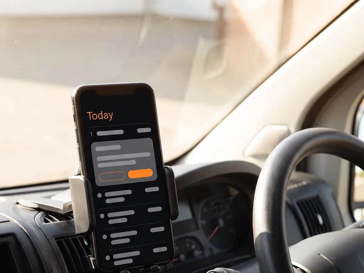 An engineer's phone in a van cradle showing today's jobs in order, with the first one open.