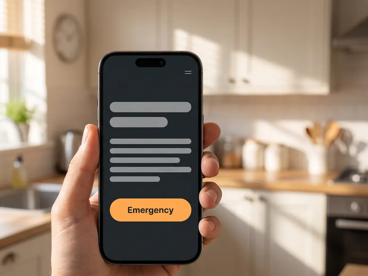 A heating engineer's website open on a phone in a bright kitchen, with the emergency call button at the bottom.