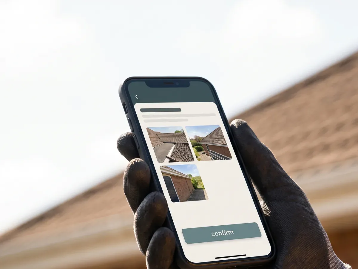 A roofer wearing a work glove, holding a phone showing job photographs ready to send, in front of a tiled roof.