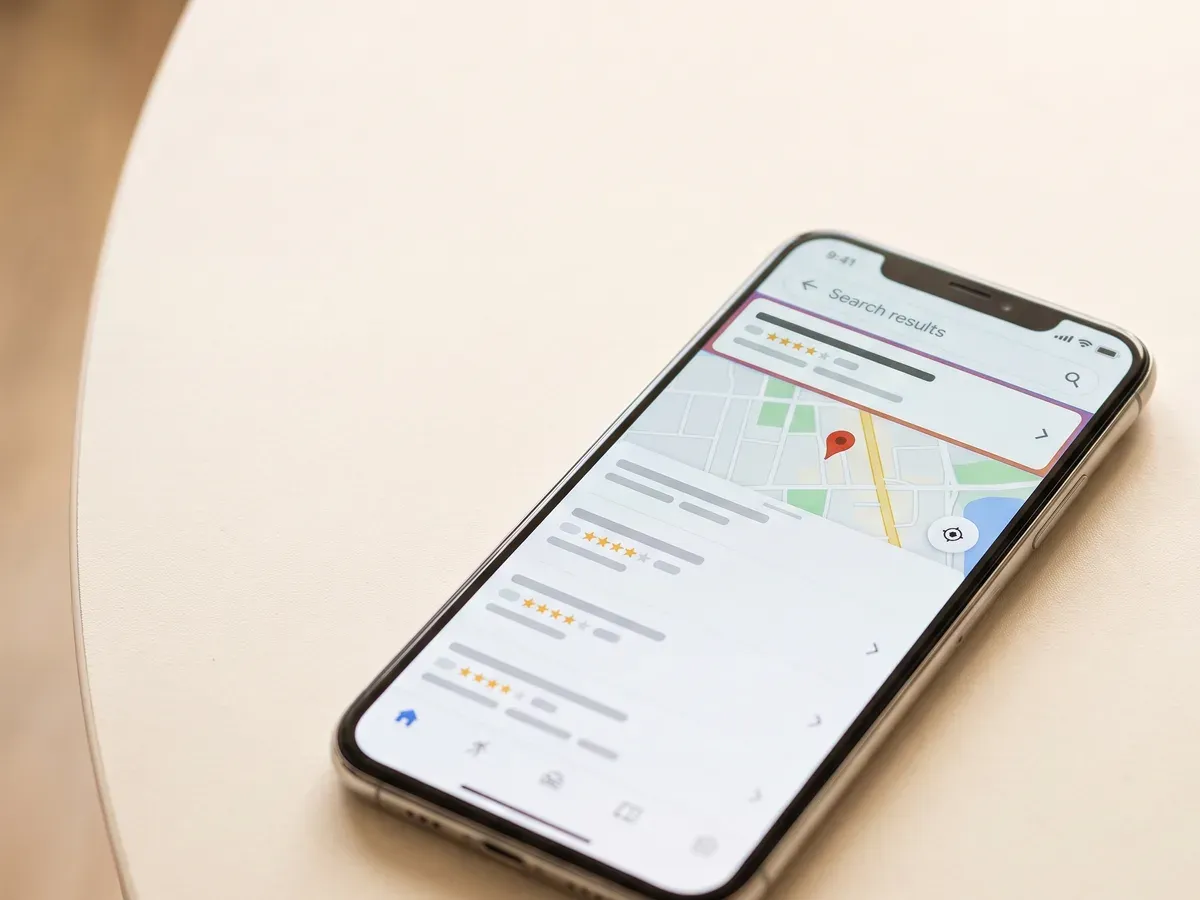 A phone on a table showing local search results for a roofer, with the map above them.