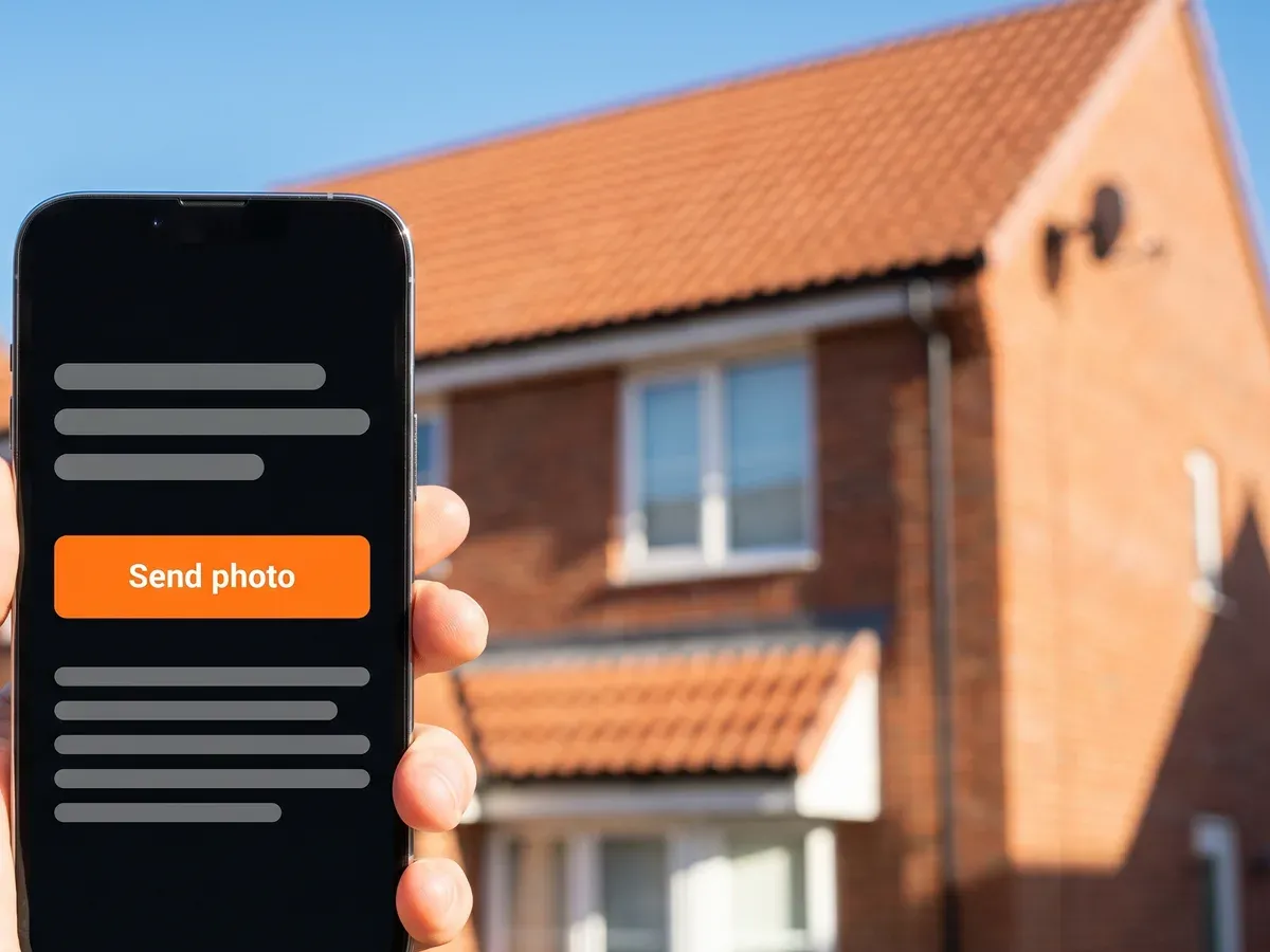 A roofing company's website open on a phone in front of a tiled house, with a send-us-a-photo button.