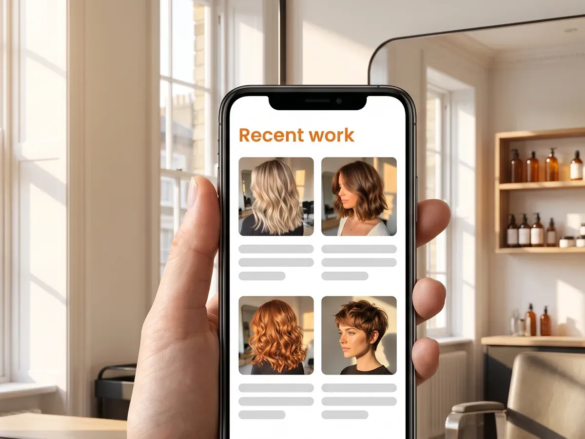 A salon website on a phone, showing photographs of finished work.