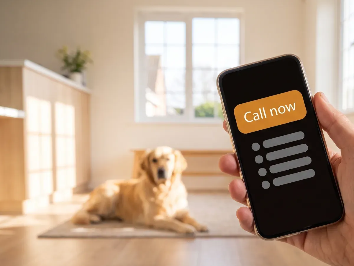A worried owner reaching the vet's urgent route on a phone.