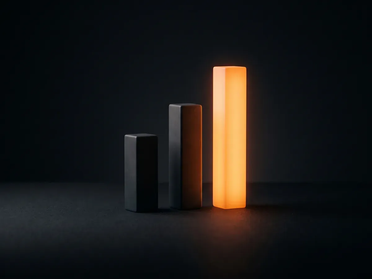 Three rising blocks on a near-black ground, the tallest one lit warm amber.